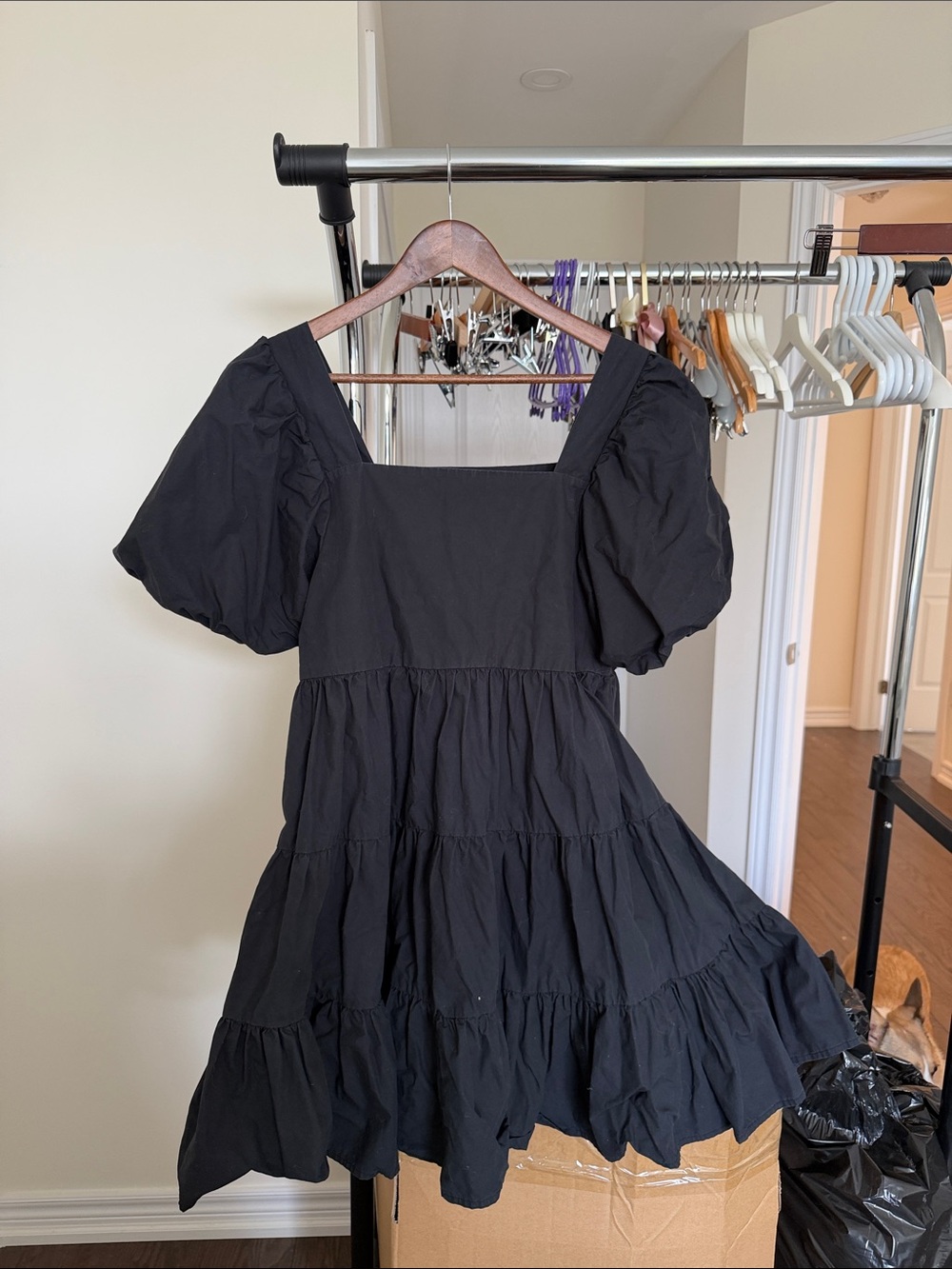 OAK + FORT Black Puff Sleeve Tiered Mini Dress